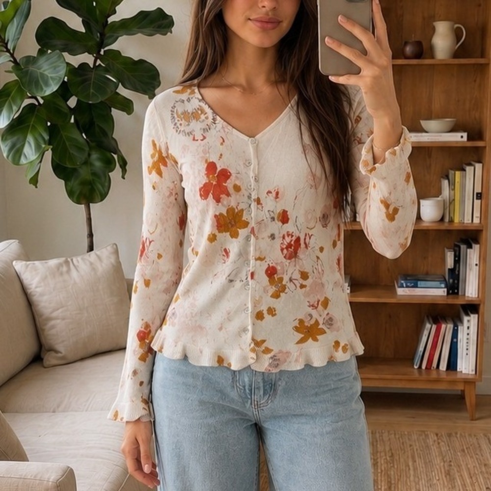 Sundance Women Floral Cardigan XS White Ruffle Hem Cotton Romantic Boho Feminine